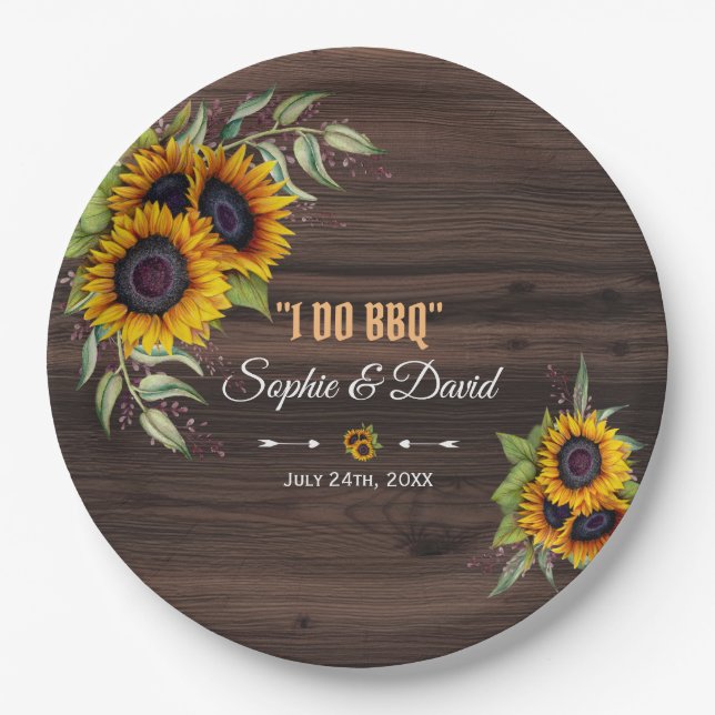 Rustic Sunflowers Bouquet Wood I DO BBQ Paper Plate (Front)