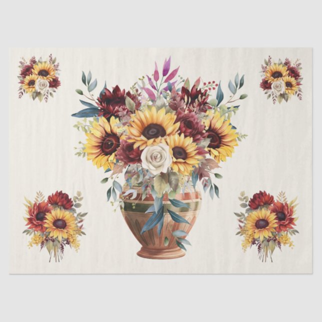 Rustic Sunflowers & Burgundy Florals  Decoupage  Tissue Paper (Front)