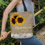 Rustic sunflowers burlap lace wedding bridesmaid tote bag<br><div class="desc">Rustic elegant summer or autumn fall wedding stylish bridesmaid / maid of honour / flower girl tote bag on beige faux burlap featuring beautiful yellow gold sunflowers bouquets and white lace borders on both faces. Easy to personalize with bridesmaid's name on the front and with bride's and groom's names and...</div>