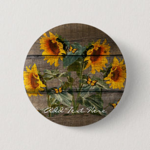 Rustic Sunflowers Butterflies Barn Board 2 Inch Round Button