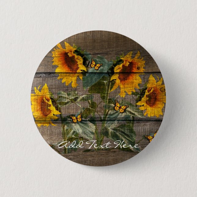 Rustic Sunflowers Butterflies Barn Board 2 Inch Round Button (Front)