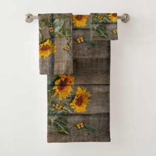 Rustic Sunflowers Butterflies Barn Board Bath Towel Set