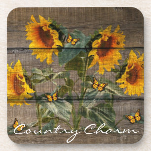 Rustic Sunflowers Butterflies Barn Board Coaster