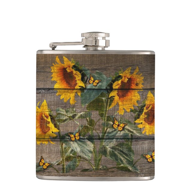 Rustic Sunflowers Butterflies Barn Board Hip Flask (Front)