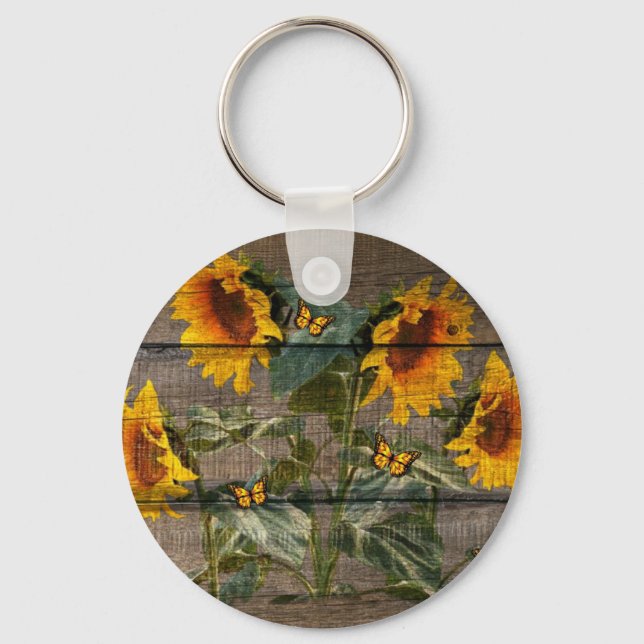 Rustic Sunflowers Butterflies Barn Board Keychain (Front)