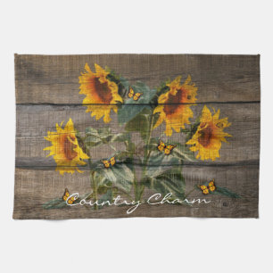 Rustic Sunflowers Butterflies Barn Board Kitchen Towel
