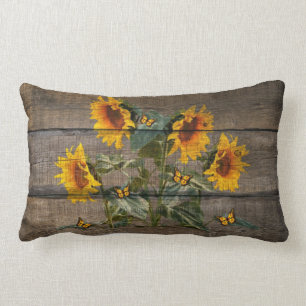 Rustic Sunflowers Butterflies Barn Board Lumbar Pillow