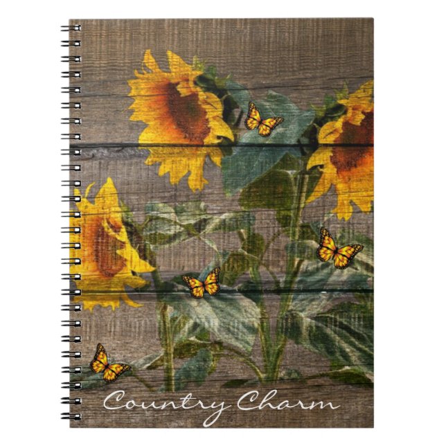 Rustic Sunflowers Butterflies Barn Board Notebook (Front)