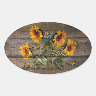 Rustic Sunflowers Butterflies Barn Board Oval Sticker