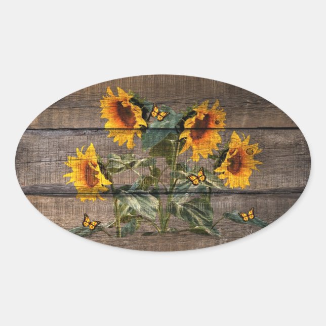 Rustic Sunflowers Butterflies Barn Board Oval Sticker (Front)