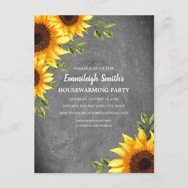 Rustic Sunflowers Chalkboard Housewarming Postcard (Front)