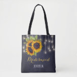 Rustic sunflowers chalkboard wedding bridesmaid tote bag<br><div class="desc">Rustic elegant fall wedding stylish bridesmaid / maid of honour / flower girl tote bag on dark midnight navy blue chalkboard featuring beautiful yellow gold sunflowers bouquets and strings of twinkle lights. Personalize it with bridesmaid's name on front and with bride's and groom's names and wedding date on the back....</div>