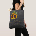 Rustic sunflowers chalkboard wedding maid or honou tote bag<br><div class="desc">Rustic elegant wedding stylish bridesmaid, maid of honour, or flower girl tote bag on dark grey charcoal chalkboard featuring beautiful yellow gold sunflowers bouquets. Personalize it with your team bride member's name on the front and with the wedding couple's names, date, and place on the back. You can choose to...</div>