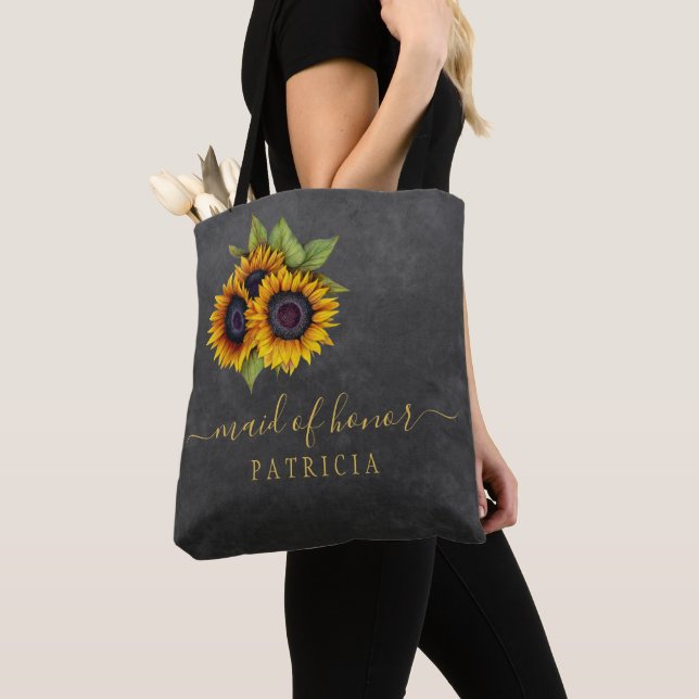 Rustic sunflowers chalkboard wedding maid or honou tote bag (Close Up)