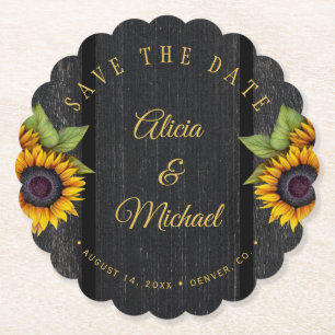 Rustic sunflowers chic barn wood wedding save date paper coaster