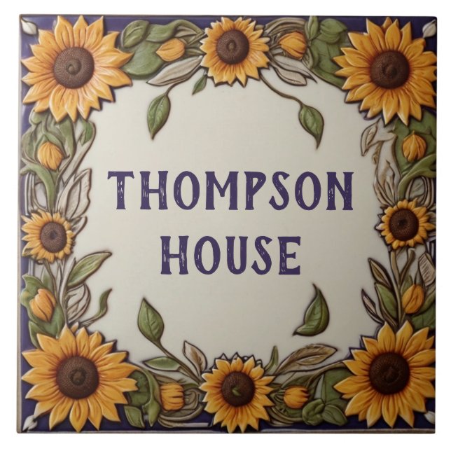 Rustic Sunflowers Custom House Name Plate Sign Tile (Front)