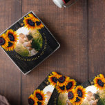 Rustic sunflowers custom photo wedding favour coaster<br><div class="desc">Rustic country wedding round photo personalized favour gift with yellow gold sunflower bouquets over a dark brown barn wood with strings of twinkle lights.            Easy to customize with your text and photo!           It can be a pretty keepsake gift for a new couple.</div>