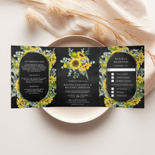 Rustic Sunflowers Eucalyptus 3 in 1 Black Wedding Tri-Fold Invitation