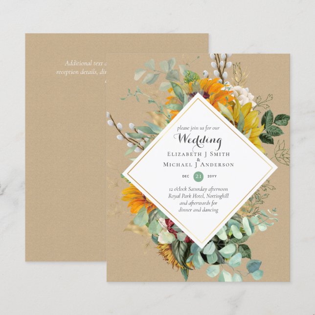 Rustic Sunflowers Eucalyptus Greenery Wedding Inv. (Front/Back)