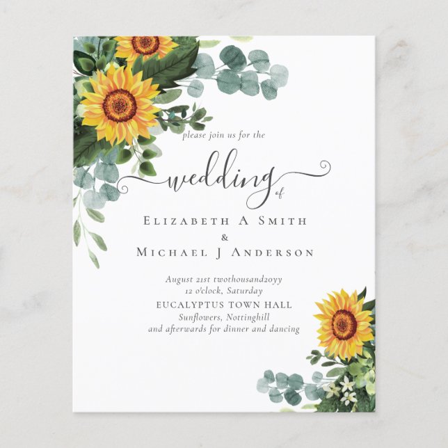 Rustic Sunflowers Eucalyptus Leaves Wedding Flyer (Front)