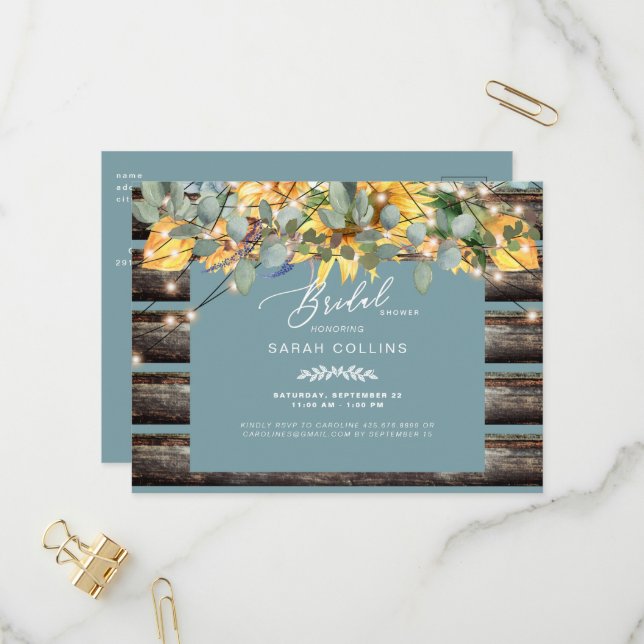 Rustic Sunflowers Fence Teal Bridal Shower Invitation Postcard (Front/Back In Situ)