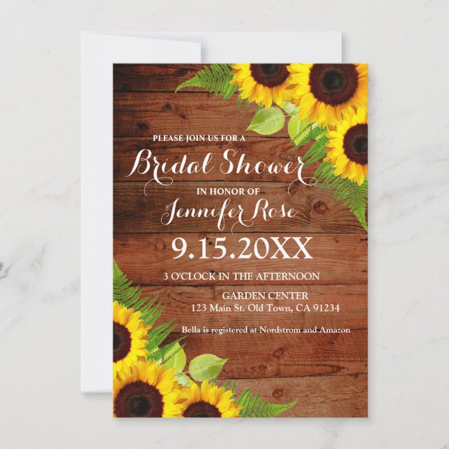 Rustic Sunflowers Fern Wood Bridal Shower Invites (Front)