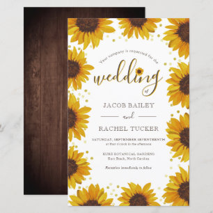 Rustic Sunflowers Gold Dots Wedding Invitation