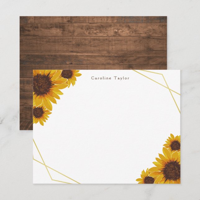 Rustic Sunflowers Gold Geometric Wood Personalized Card (Front/Back)