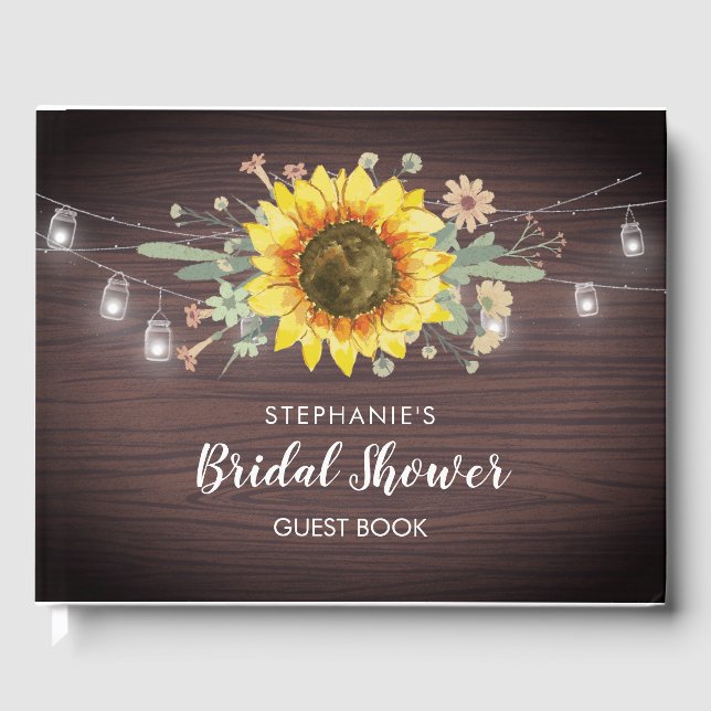 Rustic Sunflowers Jar Lights Wood Bridal Shower Guest Book (Front)