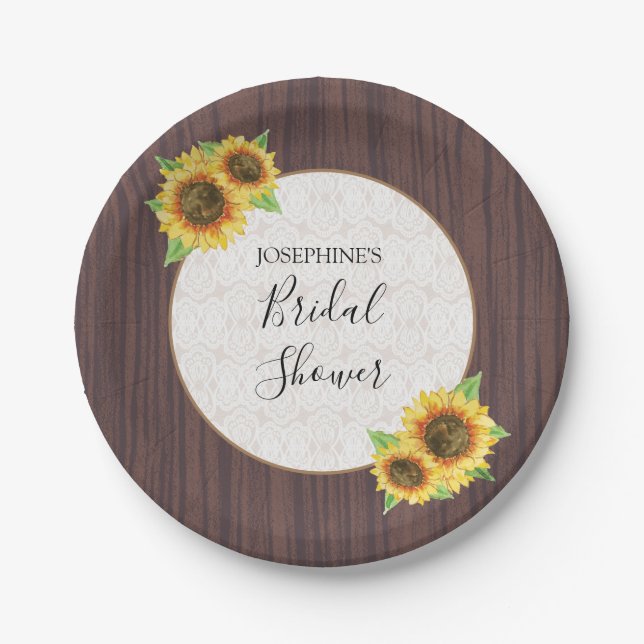 Rustic Sunflowers Lace Wood Bridal Shower Paper Plate (Front)