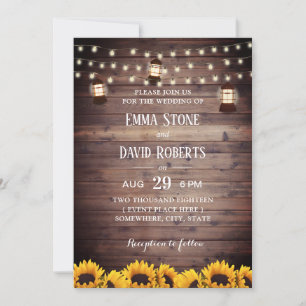 Rustic Sunflowers Lantern & String Lights Wedding Invitation