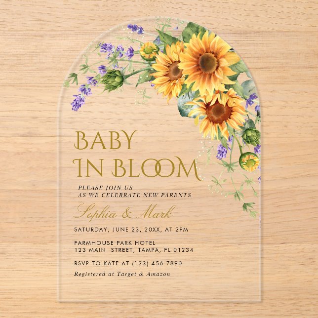 Rustic Sunflowers & Lavender Baby In Bloom Acrylic Invitations (Front)