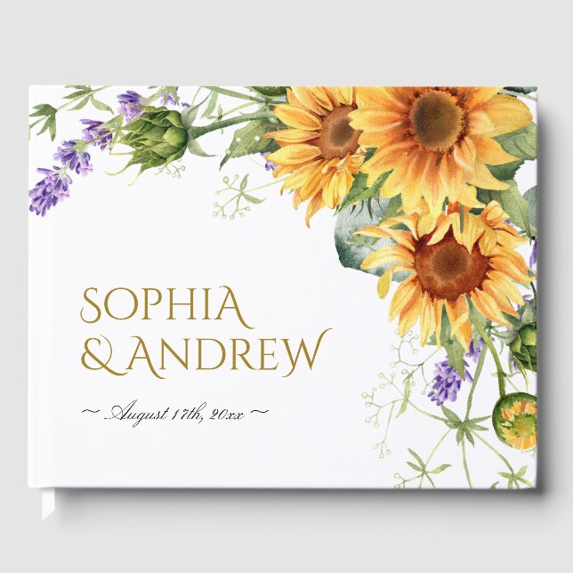 Rustic Sunflowers & Lavender Wedding Guest Book (Front)