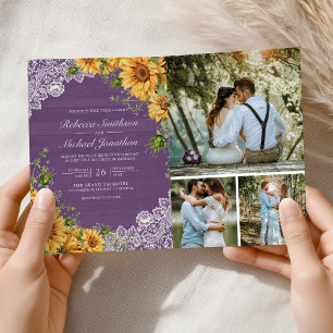 Rustic Sunflowers Lavender Wood QR Code Wedding Invitation