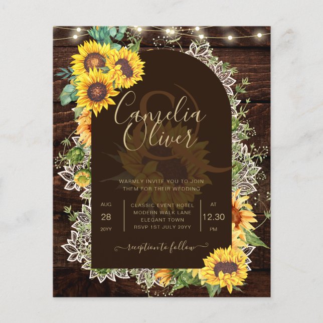 Rustic Sunflowers Lights Lace Arch Wedding Flyer (Front)