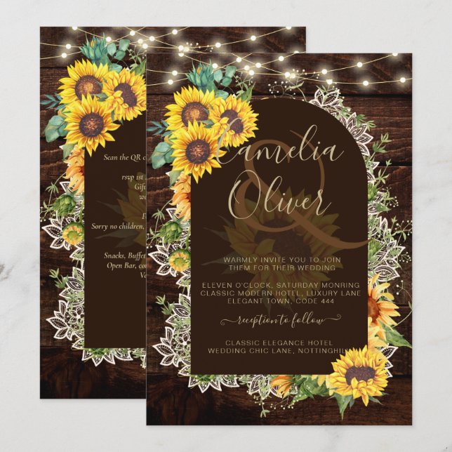 Rustic Sunflowers Lights Lace Arch Wedding Invitation (Front/Back)