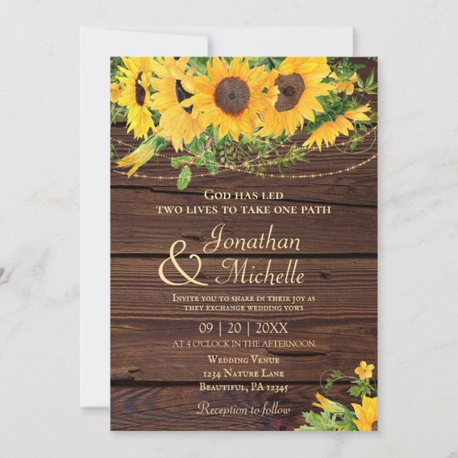 Rustic Sunflowers Lights on Wood Christian Wedding Invitation (Front)