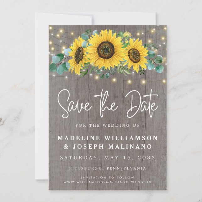 Rustic Sunflowers & Lights Photo Save the Date  In Invitation (Front)