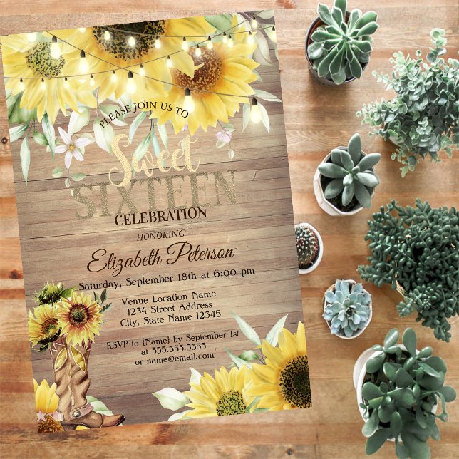 Rustic Sunflowers Lights Wood Sweet 16 Invitation (Creator Uploaded)