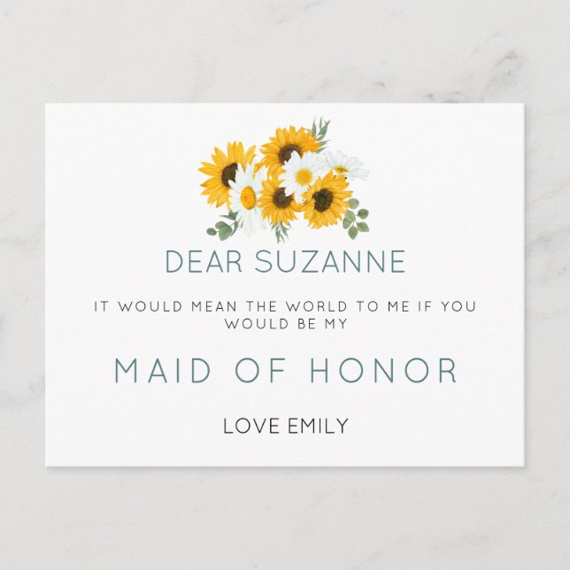 Rustic Sunflowers Maid of Honour Request Postcard (Front)