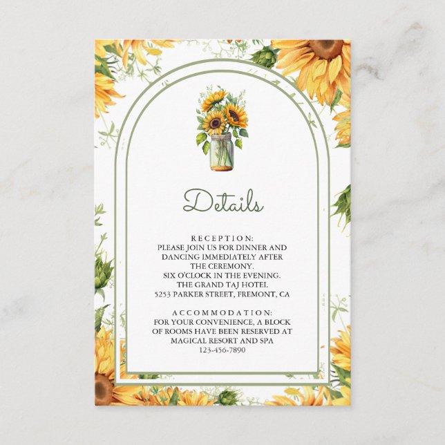 Rustic Sunflowers Mason Jar Arch Wedding Details Enclosure Card (Front)