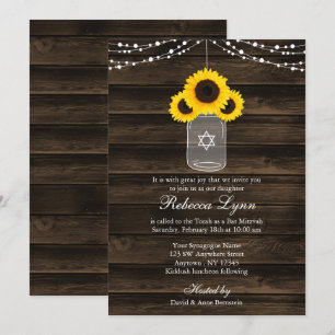 Rustic Sunflowers Mason Jar Barn Wood Bat Mitzvah Invitation