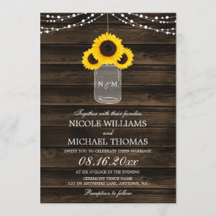 Rustic Sunflowers Mason Jar Barn Wood Wedding Invitation