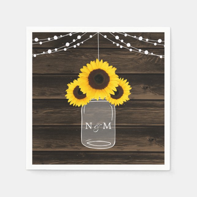 Rustic Sunflowers Mason Jar Barn Wood Wedding Napkin (Front)