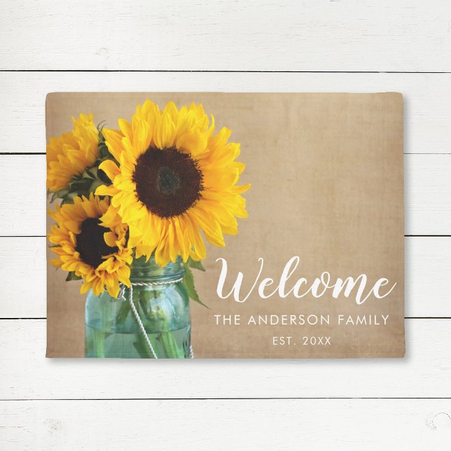 Rustic Sunflowers Mason Jar Country Personalized Doormat (Creator Uploaded)