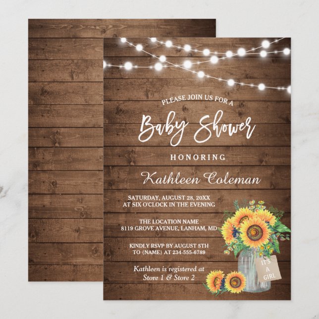 Rustic Sunflowers Mason Jar Lights Baby Shower Invitation (Front/Back)