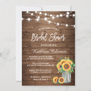 Rustic Sunflowers Mason Jar Lights Bridal Shower Invitation
