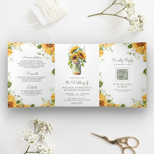 Rustic Sunflowers Mason Jar QR Code Wedding Tri-Fold Invitation (Creator Uploaded)