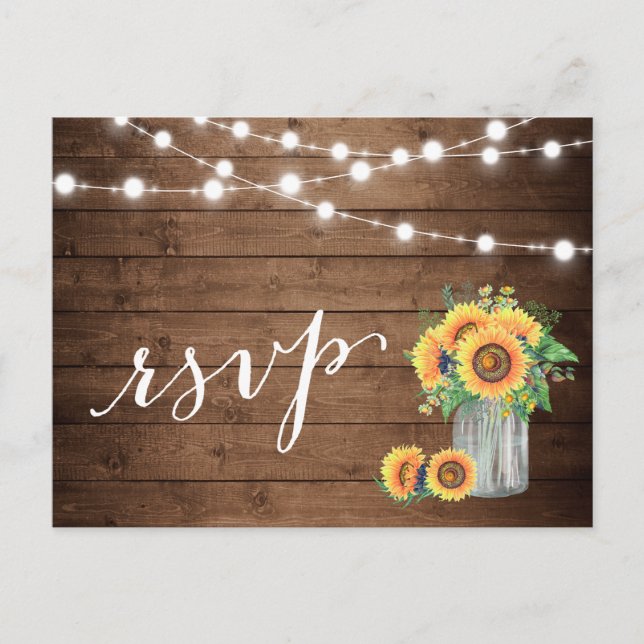 Rustic Sunflowers Mason Jar String Lights RSVP Invitation Postcard (Front)