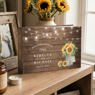 Rustic Sunflowers Mason Jar String Lights Wedding Guest Book
